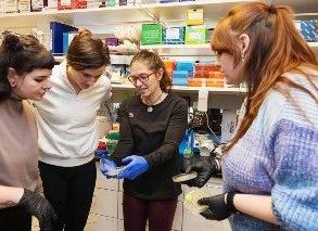 从左至右Brianna Winkler, Maria Cattell，博士.D.，布鲁克·帕斯雷和梅格·格林在实验室里讨论珊瑚样本. Amanda Schwengel摄